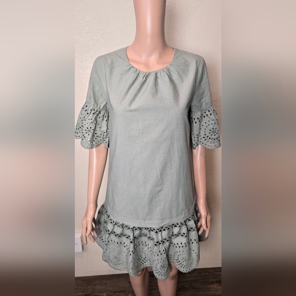 Madewell Eyelet Drop Waist Mini Dress 100% Cotton in Sage Green Size Small - Picture 3 of 11